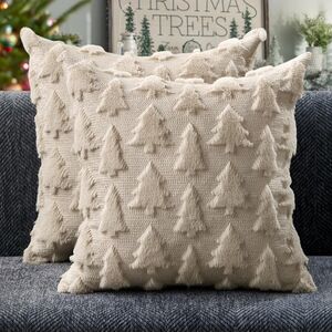 🎄 2pc Beige Faux Fur Christmas Tree Throw Pillow Covers 18x18 Boho Winter Decor